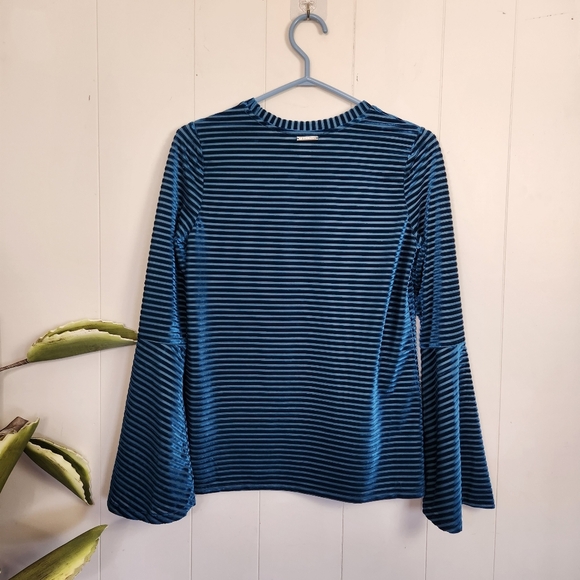 Michael Kors Blue Long Sleeve Striped Shirt Teal Blue Bell Sleeves Velour Velvet - Picture 5 of 11
